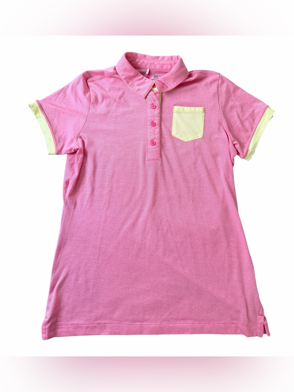 Nike Golf Dri-FIT Pink Solid Pique Polo Shirt Yellow Trim Pocket Womens L